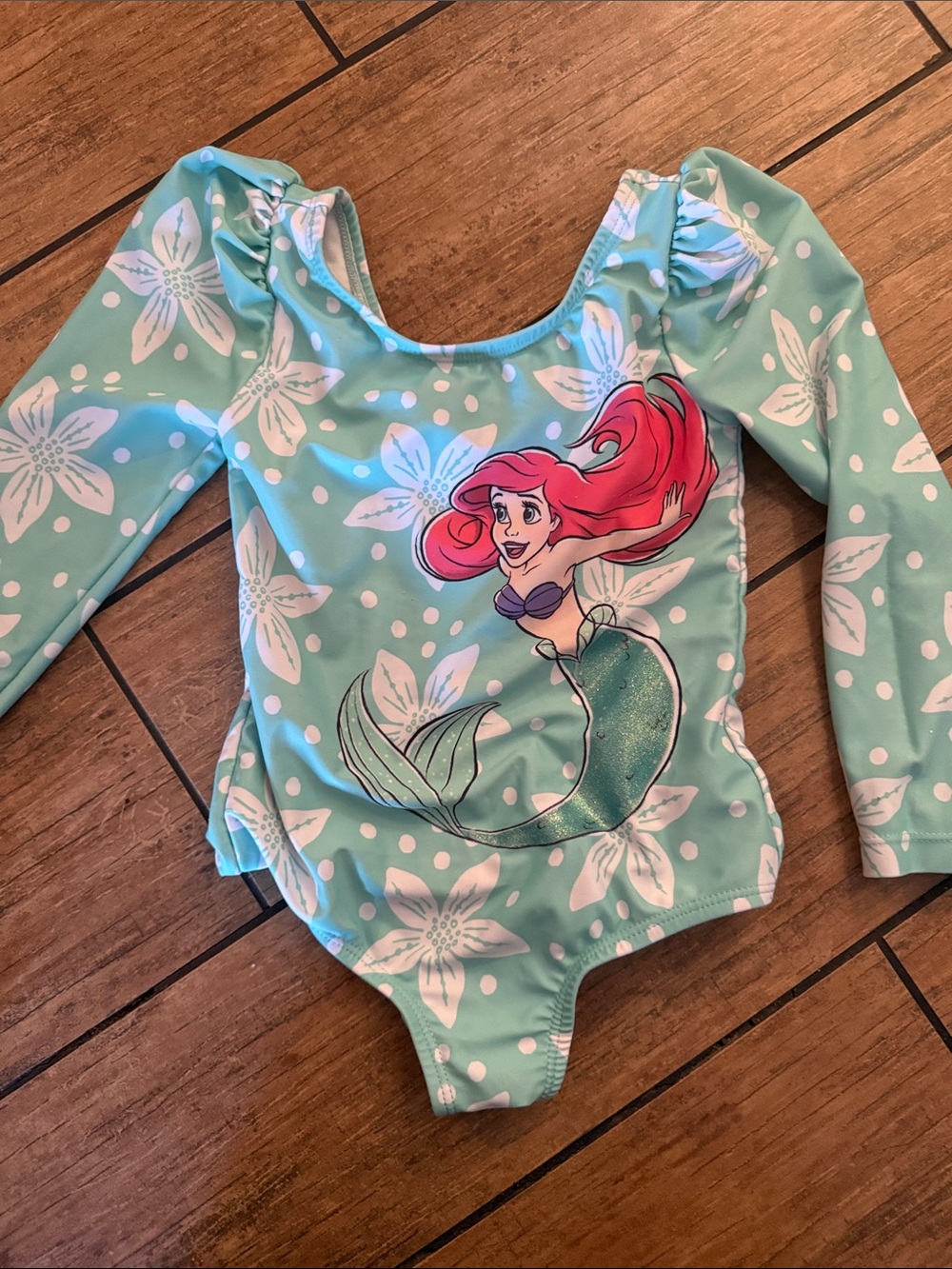 3T Ariel Mermaid Long Sleeve One-Piece Swimsuit - Aqua with White Floral
